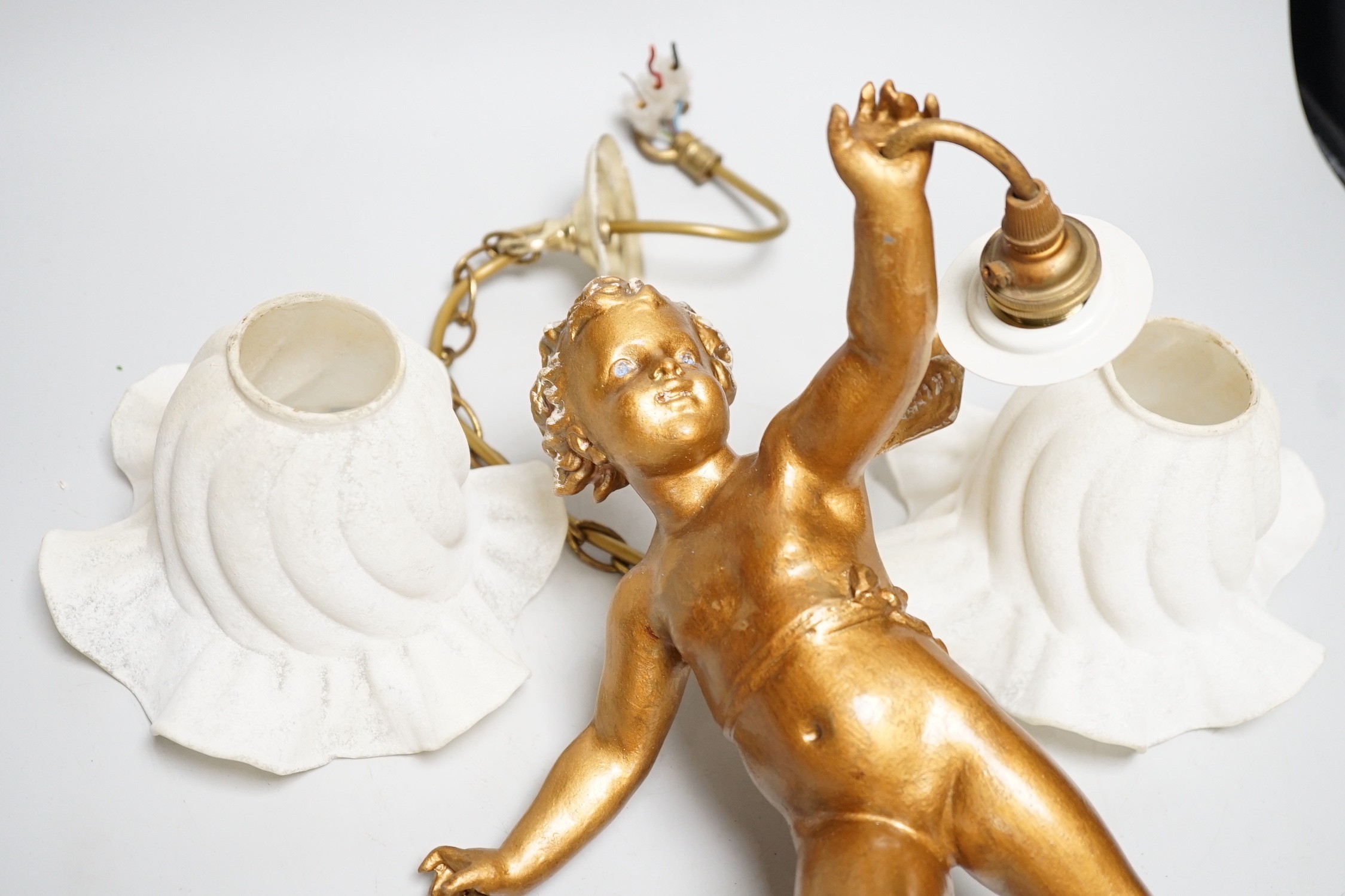 A gilt spelter cherub ceiling light, 30cm